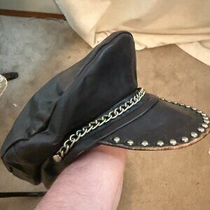 RARE Vintage Dark Brown Chain Grommets Leather Biker Hat Cap XL